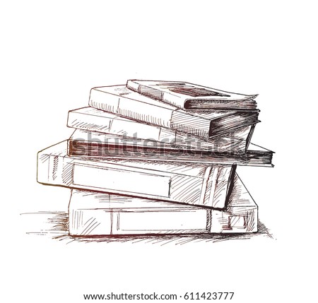 Stack of books & file folder isolated on white, Hand Drawn Sketch Vector illustration.