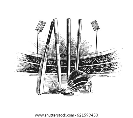 Cricket championship with ball wicket in Cricket stadium freehand sketch graphic design, vector illustration 