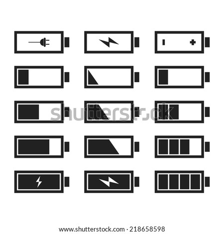 Battery charge vector icons set. Isolated on white background. Vector illustration, eps 8.