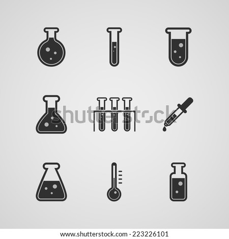 Chemical science lab equipment - test tubes icons. Different shapes. Isolated on gray background. Vector illustration, eps 10.