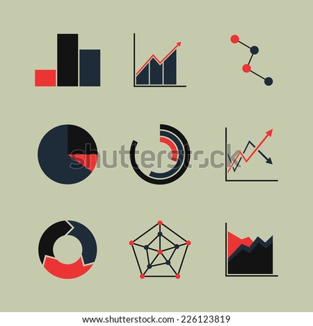 Set of line chart and diagram (black-red) icons. Isolated on light background. Vector illustration, eps 8.