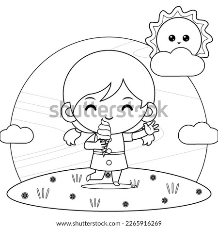 Illustration vector graphic of coloring book for kids. Cute Girl Eat Ice Cream. Perfect for children books cover, children book illustration,game illustrations, game asset,animation,etc
