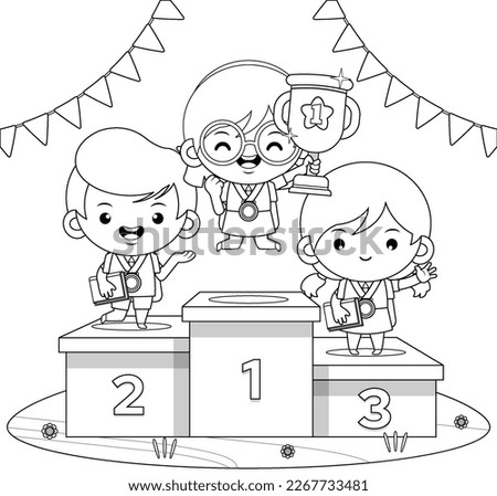 Illustration vector graphic of coloring book for kids. Cute Student School Competition Winners Standing On Podium. Perfect for children books cover, children book illustration,game illustrations, etc