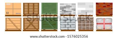 Cargo on a pallet. For forklift. Vector. Set of isolated objects: boxes, bricks, stones, cardboard packaging, bags, cement. Pallets for freight. Loader. Wooden pallets. Loading and unloading 