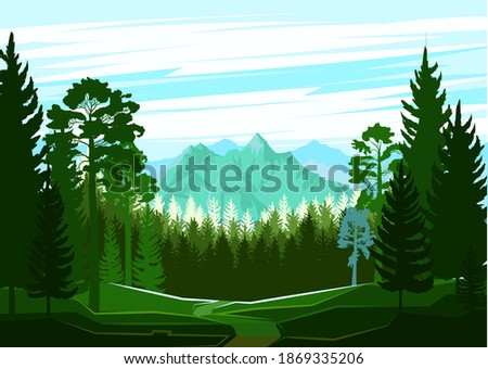 Mountain landscape. View of the mountains and the lake through the coniferous forest, taiga. Silhouette. Landscape with sky and clouds. Mountains, rocks . Vector