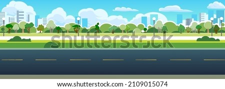 Good asphalt road. Park city area. Side view. Quality modern empty highway. Suburban intercity pathway. Background illustration. Vector.