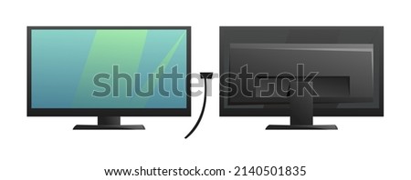 Computer monitor power. Front and back views. Cartoon style. Object isolated on white background. Vector.