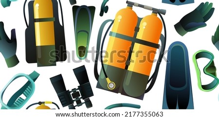 Diving kit with oxygen tank in mask and fins. Set of equipment for swimming and diving. Seamless pattern. Object isolated on white background. Vector