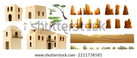 Arab clay hut. Set of object and rocks. Middle Eastern adobe dwelling. Africa and Asia traditional house. Isolated on white background Vector.