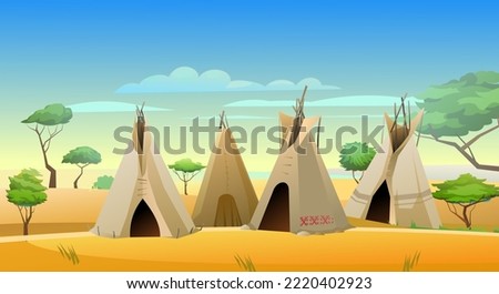 Indians wigwam hut made of felt and skins. Small village among sands. North American tribal dwelling. Traditional home of nomadic peoples. Vector