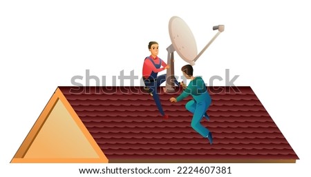 Workers work on roof. Two workers install a satellite dish on the roof. Antenna for television and internet. Service illustration Isolated on white background. Vector.