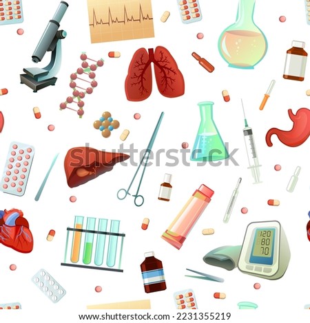Medicine and treatment items seamless pattern. Cartoon style. Subjects of study. Equipment and human internal organs for treatment. Isolated on white background. Vector