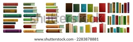 Set books objects. Side view from the front. Great collection for reading. Library or bookstore. Isolated on white background. Vector.