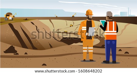 A coal mining place on a sunny morning with blue clouds. Two project officers are controlling the situation at the mine, with orange color vest and project helmets