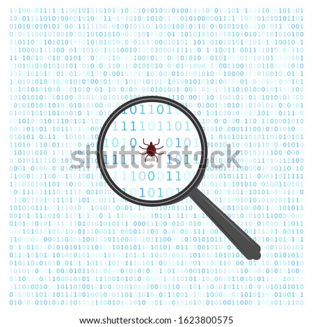 single code with bug and magnifying glass. concept of scanning and identifying a computer virus. antivirus web protection and computer security concept. PC. one zero. sign on white background