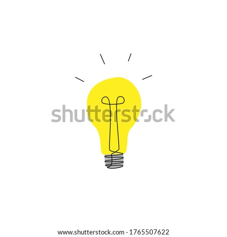 Yellow luminous lamp, hand-drawn. Concept of brainstorm, imagination, good advice, discovery image, thinking process. art element of clipart in cartoon style. simple yellow sign isolated on white