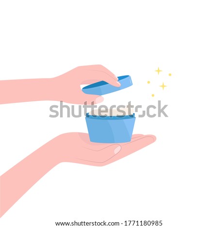 hands open jar of cream with gold shine. symbol of cosmetic procedure, hygiene face and body, proper skin care for young female and adults, spa treatment in a salon, home. flat sign isolated on white