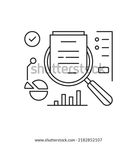 insight or assesment icon like kpi metric. outline stroke design or simple graphic validate doc logotype element for business or web. concept of violating search or regulation process or finance model