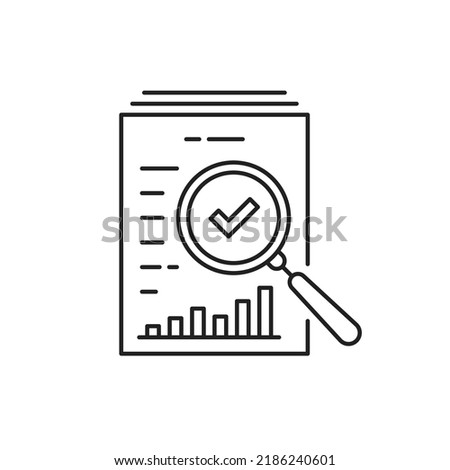 thin line document inspection icon with magnifier. outline trend stroke art lineart web element for graphic design. simple pictogram for paperwork or finance plan or tax policy statistic with summary