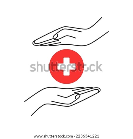 two thin line hand with red circle and cross. first aid or donation symbol design