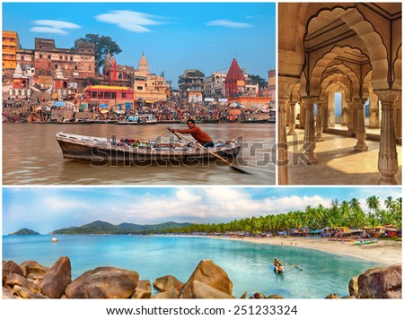 3 full size images collage.Indian tourist attractions - Goa, Varanasi, Jaipur