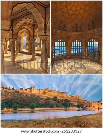 3 full size images collage.Amber fort panorama over the lake and interior, Jaipur, India