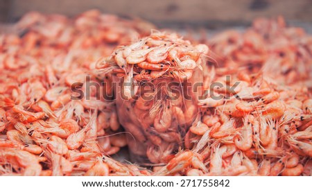 Traditional asian fish market stall full of fresh shrimps