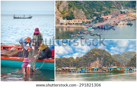 Traditional asian lifestile in the ocean. Fishing boats and floating villages collage