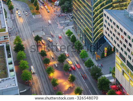 Berlin, Germany, - August 29, 2015: View on Potsdam Square and street from above, important public square and traffic intersection in the centre of Berlin