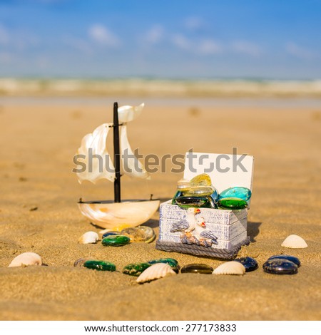 treasure chest and boat beach Holiday, summer, beach Background.