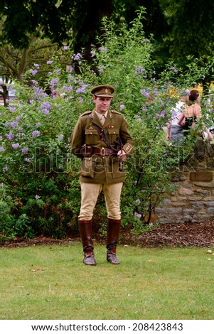 BEDFORD, BEDFORDSHIRE, ENGLAND - JULY 2014: World War One re-enacting Officer, shown on 20 July 2014 in Bedford