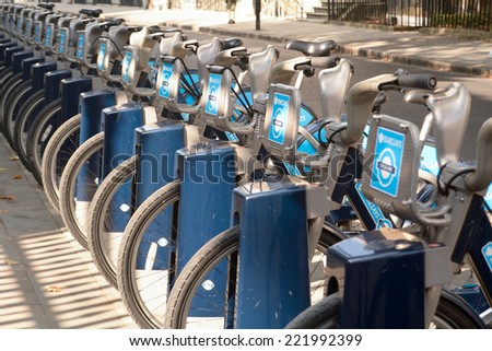 LONDON, ENGLAND SEPTEMBER 2014: London bike hire Barclay\'s Bikes (Boris bikes) in bike rack, shown on 30 September 2014 in London