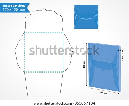 Square envelope template with die cut swirly flap. Wedding invitation box envelope.