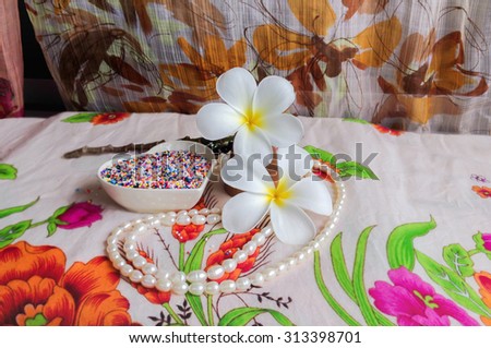 beautiful white flower plumeria decorated in boutique and vintage style background