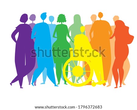 Silhouettes of people, men, women, disabled people in a wheelchair as an end to the inclusiveness of the lgbtq community, pride, rainbow colors. Vector stock illustration with homosexuals isolated