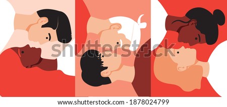 Different couple isolated, kiss. Flat vector stock illustration. Concept LGBTQ couple, old together, multicultural couple. Face of a man, woman, gay, lesbian. Portrait  kiss. Set of illustrations