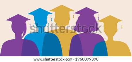 Silhouette of graduates isolated. Flat vector stock illustration. Young graduates wearing square academic caps. Science symbol, higher education concept. Silhouette illustration 商業照片 © 