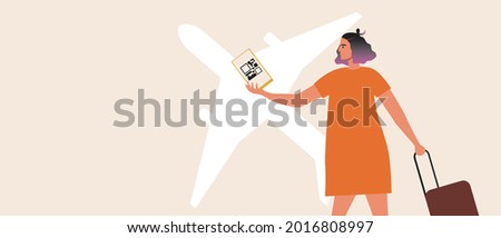 Airport health passport, copy space template. Flat vector stock illustration. Overlay template. QR code after vaccination. Passenger wearing a face mask. Vaccinated woman. Vector graphics