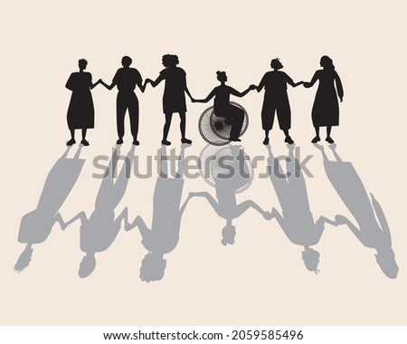 Women hold hands. Silhouette vector stock illustration. A group of diverse people, feminist women. Disabled person, islamic woman together. Group for women. Silhouette illustration