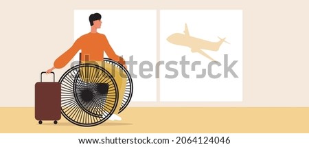 Disabled person at the airport. Flat vector stock illustration. A disabled person is waiting for a flight. Person in wheelchair with luggage. Inclusive airport. Airport interior. Vector graphics