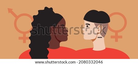 Non-binary pair. Flat vector stock illustration. Woman and bigender person as a couple. Concept for different couples for February 14th. Non-binary relationships. Isolated illustration