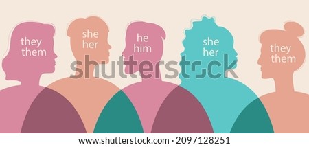 Non-binary people together as a community. Silhouette vector stock illustration. Text with gender pronouns. Non-binary person as part of society. Gender diversity concept. Vector graphics