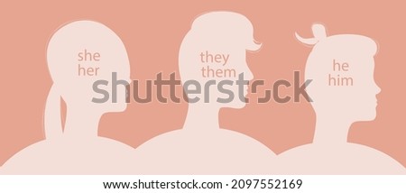 Non-binary people, text gender pronouns. Silhouette vector stock illustration. Different gender concept. He, she, they are  pronouns. Different people. Flat illustration