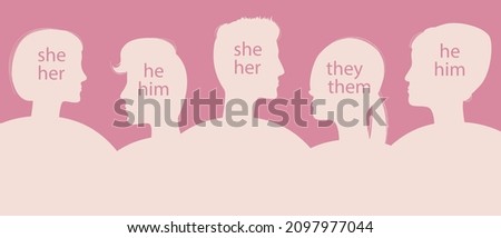 People with text gender pronouns. Silhouette vector stock illustration. Men, women, transgender people and people of a different gender. Non-binary people. Vector graphics or banner