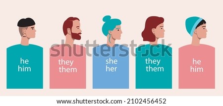Community of people, different gender. Flat vector stock illustration. Gender pronouns, he, she, they. The concept of a group of non-binary people, transgender people, bigenders, agenders