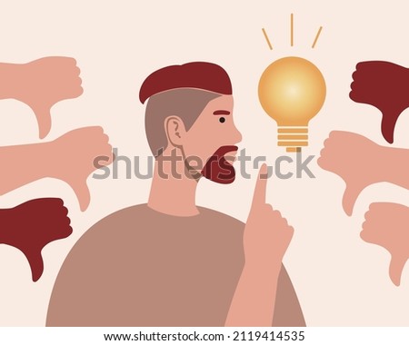 The idea of ​​a person, the condemnation of society. Flat vector stock illustration. Hand with thumb down. Incandescent lamp as creativity. Disapproval of the innovator