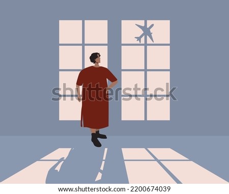 Overweight woman at window of house and airplane in sky, flat vector stock illustration with room with shade at night, startup concept