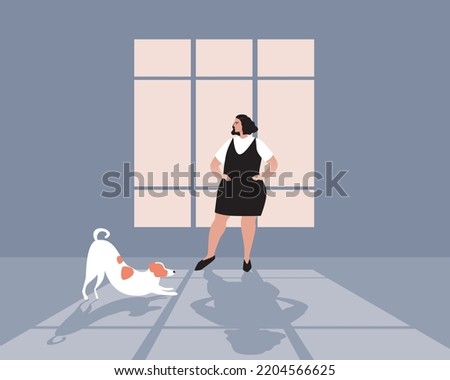alone woman plus size with dog as pet at home in evening, flat vector stock illustration with room with window and shade