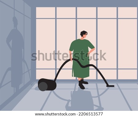 Woman plus size cleans indoor room, flat vector stock illustration with room with window and shade in evening