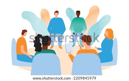 Group of different people consulting a psychotherapist, flat vector stock illustration with challenges stigmas around mental health